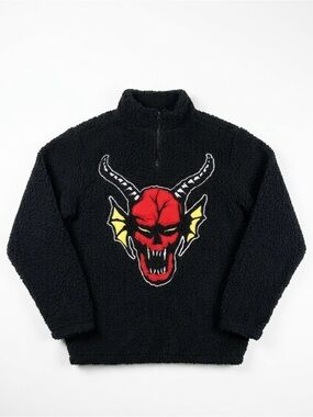 Netflix Black Sherpa Zip-Up Sweater with Red and Yellow Demon Graphic